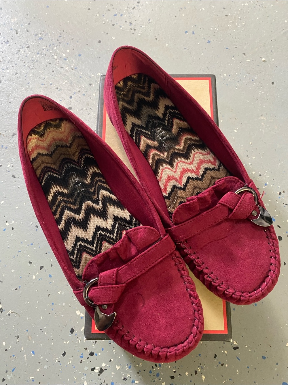 Women’s Raspberry Suede Moccasin Loafers with Decorative Hardware